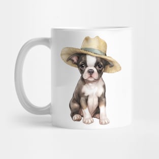 Watercolor Boston Terrier Dog in Straw Hat Mug